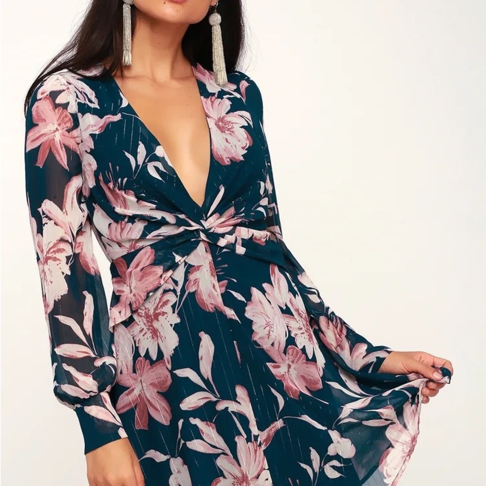 Lively Teal Blue Floral Print Long Sleeve Knot Front Dress